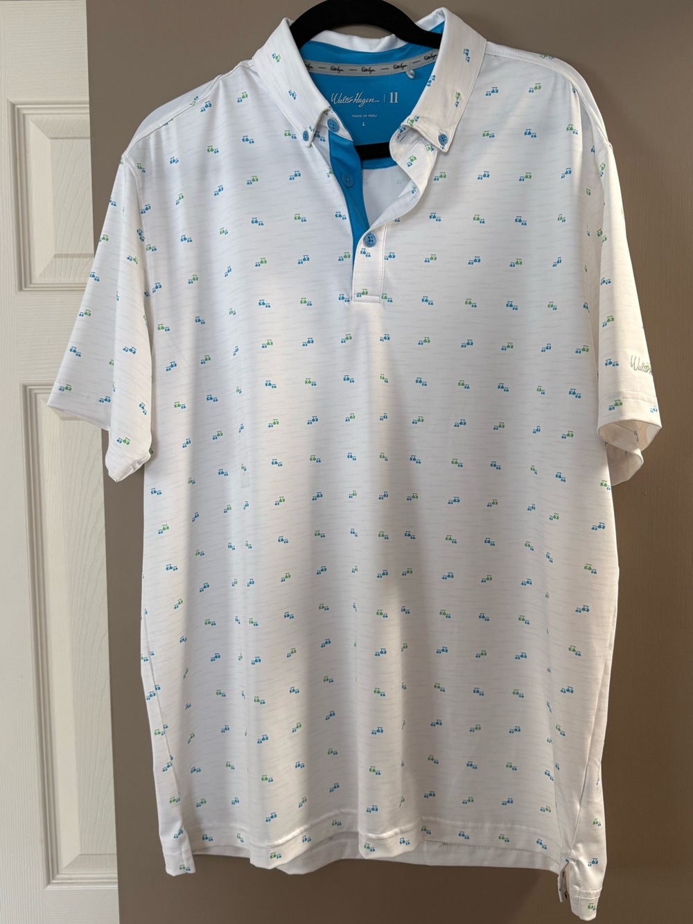 Walter Hagen White Polo with Blue & Green Micro Print